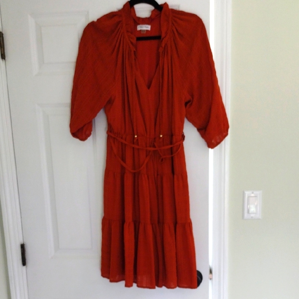 Calvin Klein Orange Ruffled Tiered V-Neck Dress